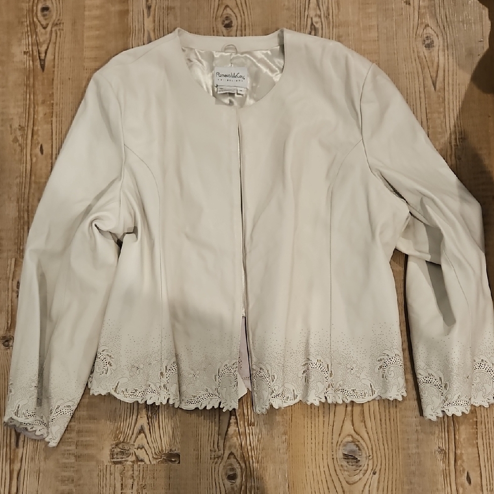 Pamela Mccoy  Genuine Leather Pearl White Jacket with Lace Detail